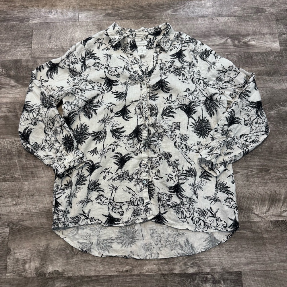 Joie 100% Linen Jungle Print Black/Ivory Button Down Roll Tab Shirt Womens Sz XL
